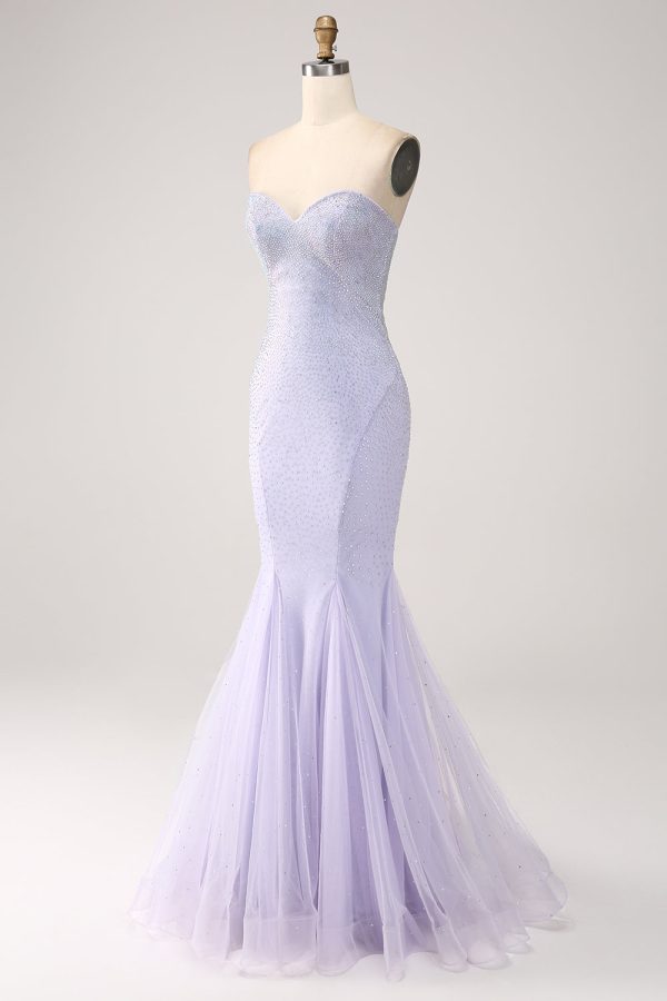 Lila zeemeermin strapless kralen lange galajurk Mode – Bild 3