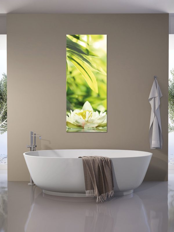 Weiße Seerose im Wasser Wellness, Glasbild Panorama Jetzt online – Bild 4