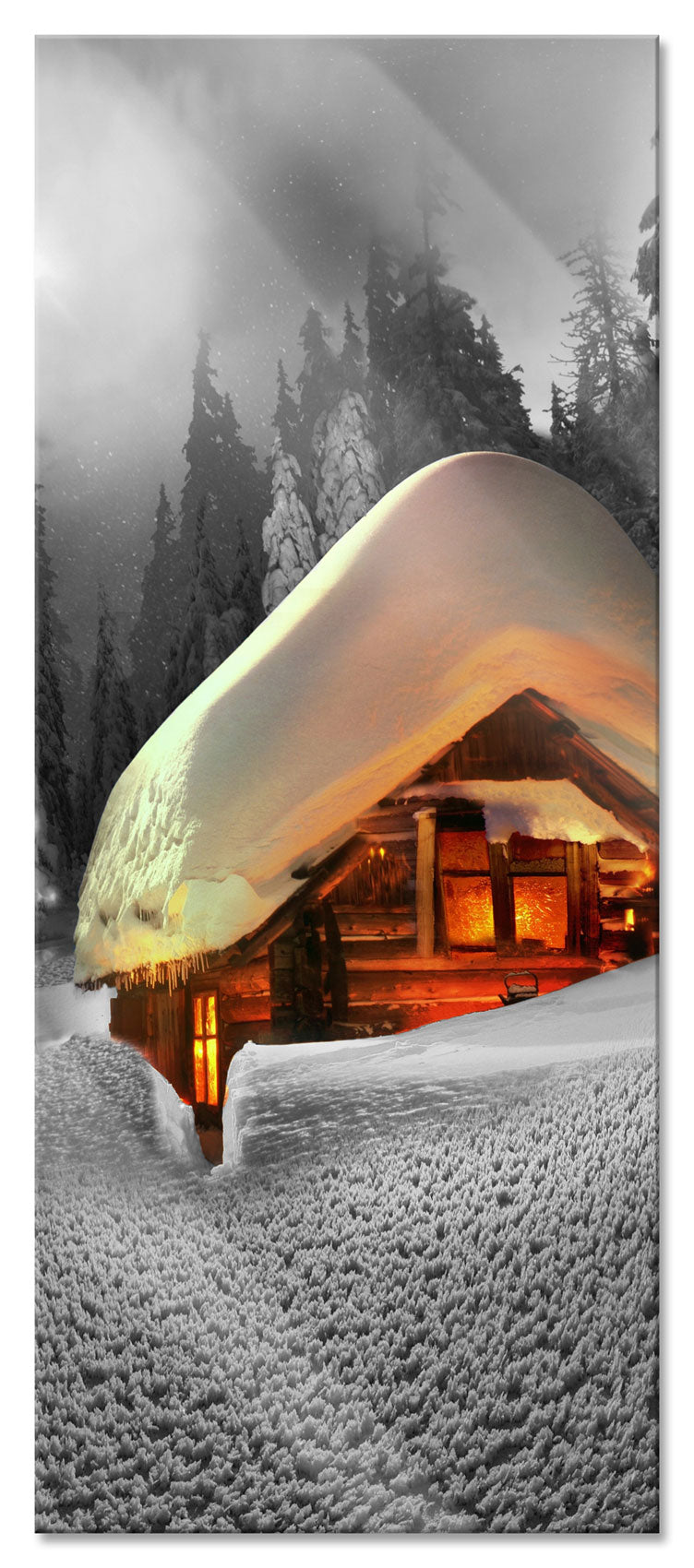 Hütte im Schnee, Glasbild Panorama Rabatt