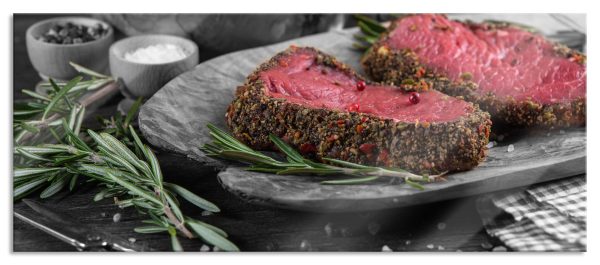 Saftiges Steak Zubereitung, Glasbild Panorama Schn?ppchen