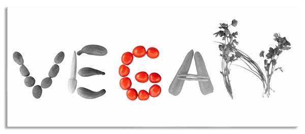 Schriftzug Vegan Gemüse, Glasbild Panorama Angebot