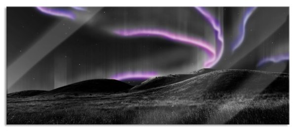 Polarlichter über Hügeln, Glasbild Panorama Online