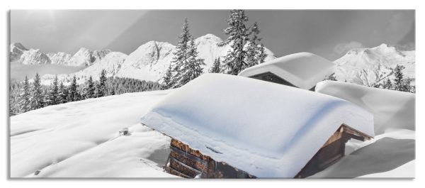 Berghütten in den Alpen, Glasbild Panorama Rabatt