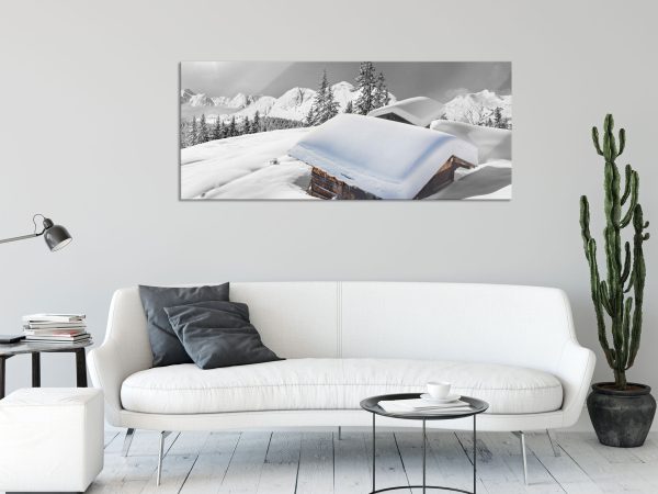 Berghütten in den Alpen, Glasbild Panorama Rabatt – Bild 2
